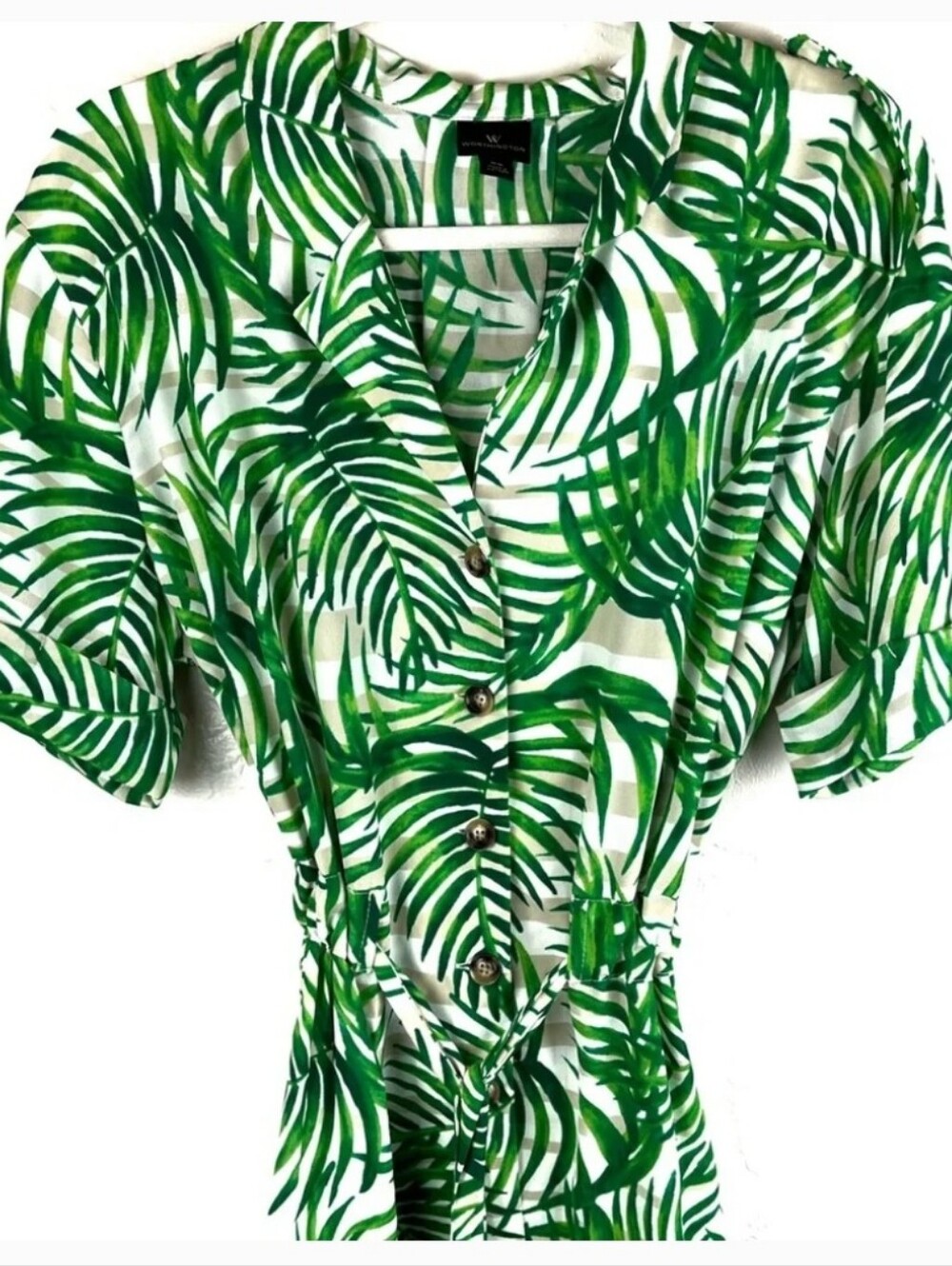 Worthington Green Leaf-Print Button Front Tie-Waist Shirt